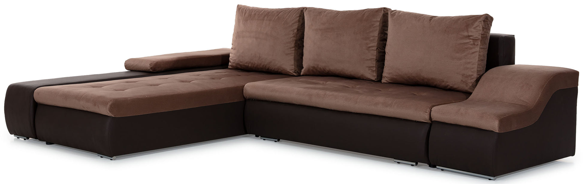 Narożnik Ontario w zestawieniu jasnobrązowej tkaniny Monolith 09 i ciemnobrązowej Soft 66 tworzy elegancką kompozycję kolorystyczną, oferując wygodne siedziska oraz przytulną przestrzeń do codziennego wypoczynku w salonie