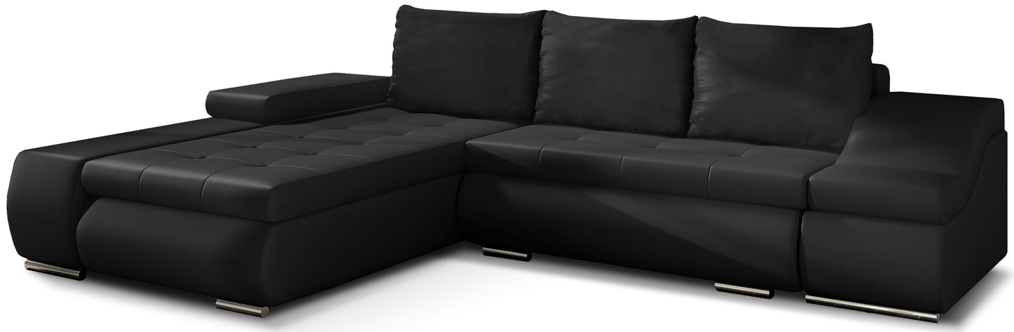 Czarny narożnik Ontario z tkaniny Soft 11 to elegancka sofa do salonu, która wyróżnia się głębokim kolorem i nowoczesnym wyglądem, oferując wygodne siedziska oraz stylową przestrzeń do codziennego wypoczynku