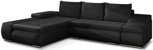 Czarny narożnik Ontario z tkaniny Soft 11 to elegancka sofa do salonu, która wyróżnia się głębokim kolorem i nowoczesnym wyglądem, oferując wygodne siedziska oraz stylową przestrzeń do codziennego wypoczynku