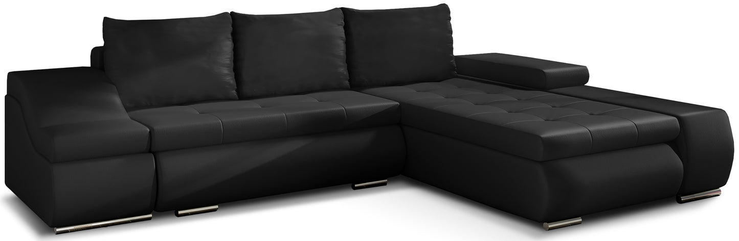 Nowoczesny narożnik Ontario w czarnym kolorze z tkaniny Soft 11 to elegancka sofa narożna do salonu, która wyróżnia się głębokim odcieniem i prostą formą, zapewniając wygodne miejsce do codziennego wypoczynku