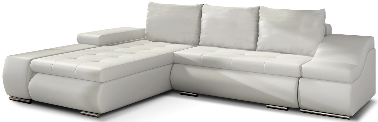 Biały narożnik Ontario wykonany z tkaniny Soft 17 to jasna i elegancka sofa do salonu, która optycznie powiększa przestrzeń oraz tworzy świeże i nowoczesne wnętrze sprzyjające codziennemu wypoczynkowi