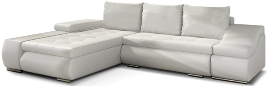 Biały narożnik Ontario wykonany z tkaniny Soft 17 to jasna i elegancka sofa do salonu, która optycznie powiększa przestrzeń oraz tworzy świeże i nowoczesne wnętrze sprzyjające codziennemu wypoczynkowi