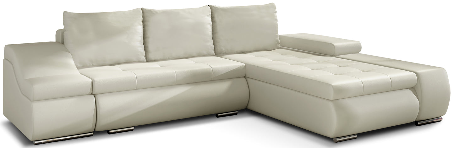 Elegancki narożnik Ontario w jasnobeżowym kolorze z tkaniny Soft 33 to idealna sofa do salonu, która rozświetla wnętrze i zapewnia komfortowy wypoczynek dzięki wygodnym siedziskom oraz nowoczesnej, subtelnej formie