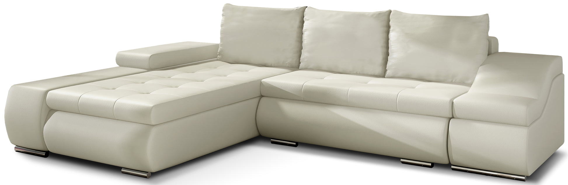 Jasnobeżowy narożnik Ontario wykonany z tkaniny Soft 33 to idealna sofa do salonu, która rozświetla wnętrze i wprowadza przytulny klimat, oferując jednocześnie wygodne siedziska do codziennego relaksu