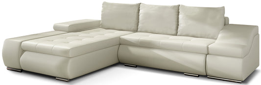 Jasnobeżowy narożnik Ontario wykonany z tkaniny Soft 33 to idealna sofa do salonu, która rozświetla wnętrze i wprowadza przytulny klimat, oferując jednocześnie wygodne siedziska do codziennego relaksu