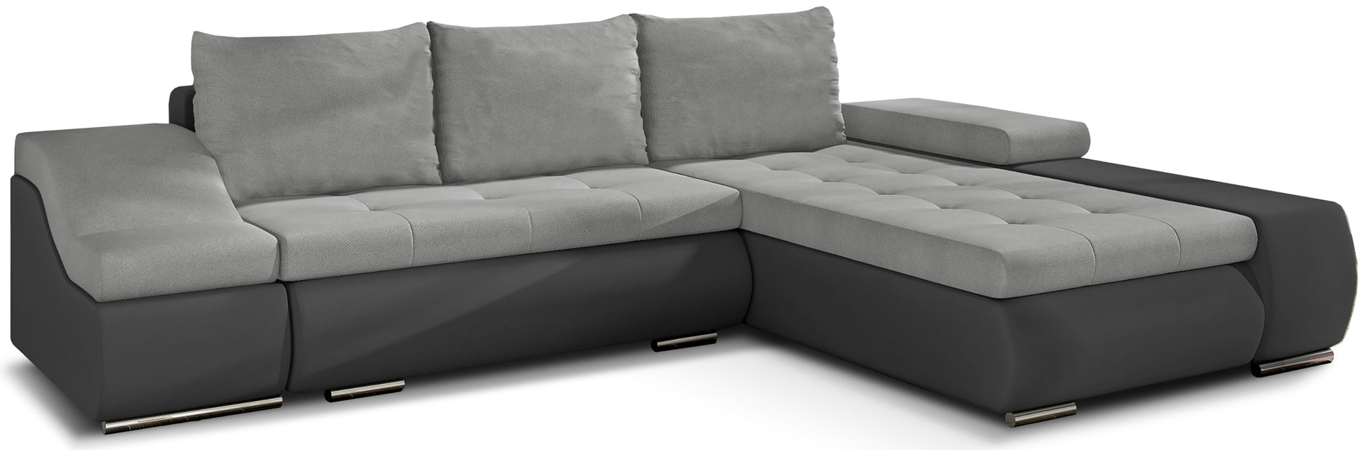 Nowoczesny narożnik Ontario w zestawieniu jasnoszarej tkaniny Soro 83 i ciemnoszarej Soft 29 tworzy elegancki kontrast, oferując wygodne siedziska oraz dużą powierzchnię do relaksu w stylowym salonie
