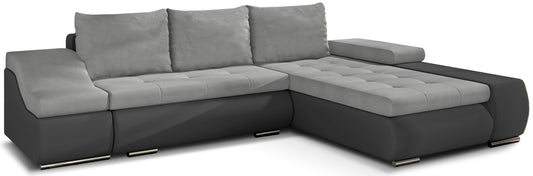 Nowoczesny narożnik Ontario w zestawieniu jasnoszarej tkaniny Soro 83 i ciemnoszarej Soft 29 tworzy elegancki kontrast, oferując wygodne siedziska oraz dużą powierzchnię do relaksu w stylowym salonie