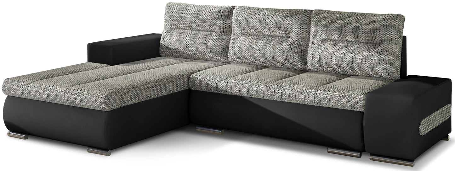 Narożnik Ottavio w układzie lewym, tapicerka Berlin 01 szary i Soft 11, widok z przodu.