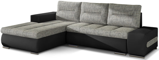 Narożnik Ottavio w układzie lewym, tapicerka Berlin 01 szary i Soft 11, widok z przodu.