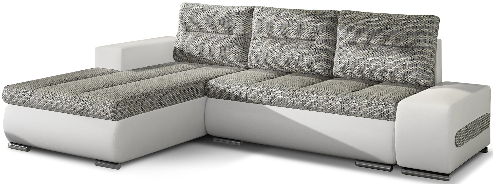 Narożnik Ottavio w układzie lewym, tapicerka Berlin 01 szary i Soft 17, widok z przodu.
