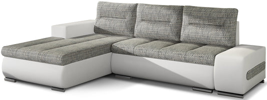 Narożnik Ottavio w układzie lewym, tapicerka Berlin 01 szary i Soft 17, widok z przodu.