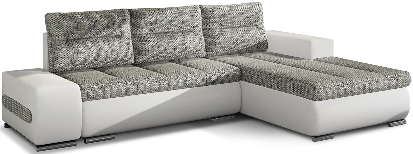 Narożnik Ottavio w układzie prawym, tapicerka Berlin 01 szary i Soft 17, widok z przodu.