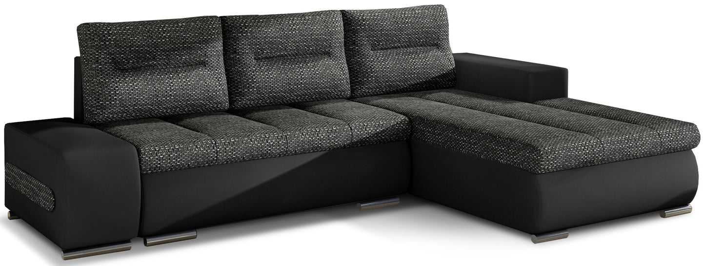 Narożnik Ottavio w układzie prawym, tapicerka Berlin 02 czarny i Soft 11, widok z przodu.