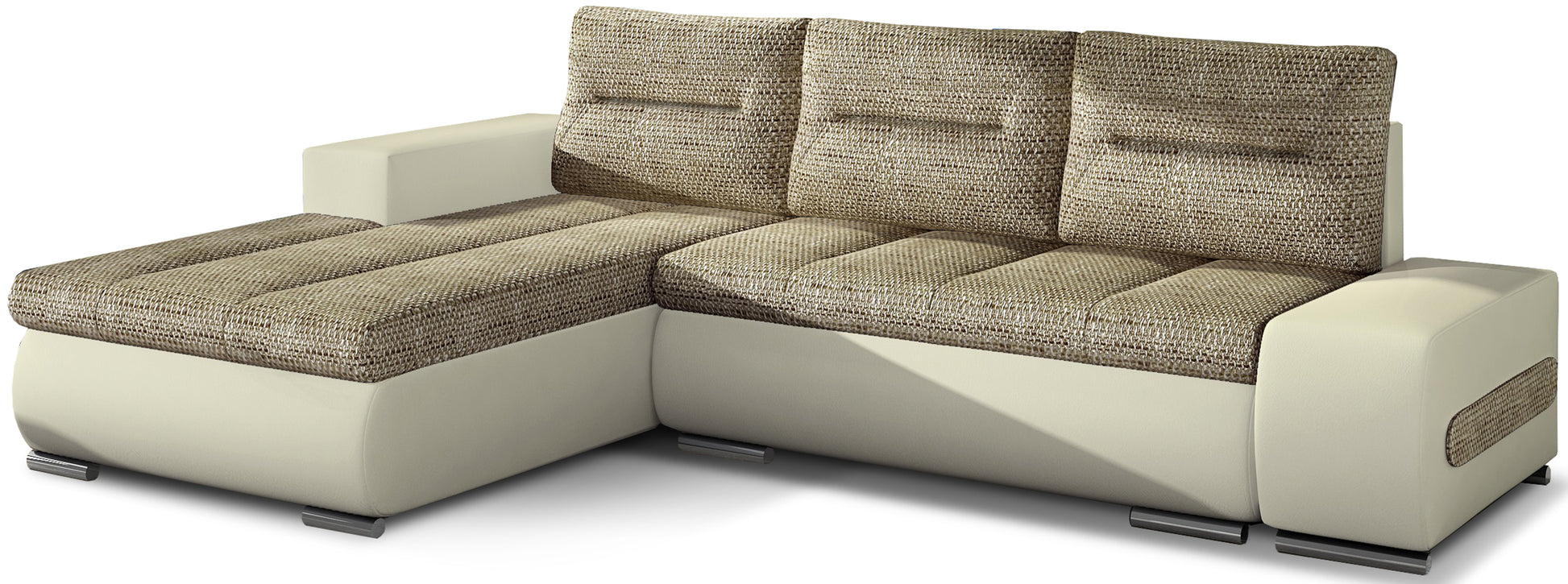 Narożnik Ottavio w układzie lewym, tapicerka Berlin 03 ciemnobeżowy i Soft 33, widok z przodu.
