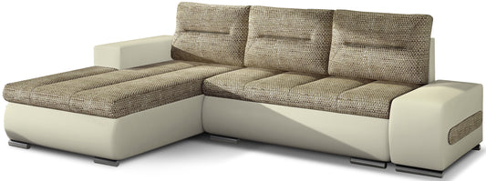 Narożnik Ottavio w układzie lewym, tapicerka Berlin 03 ciemnobeżowy i Soft 33, widok z przodu.