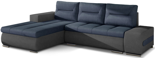 Narożnik Ottavio w układzie lewym, tapicerka Soro 76 granatowy i Soro 93, widok z przodu.