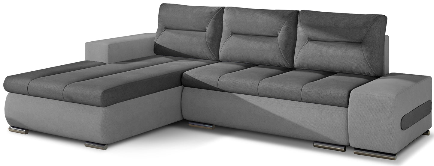 Narożnik Ottavio w układzie lewym, tapicerka Soro 93 szary i Soro 83, widok z przodu.