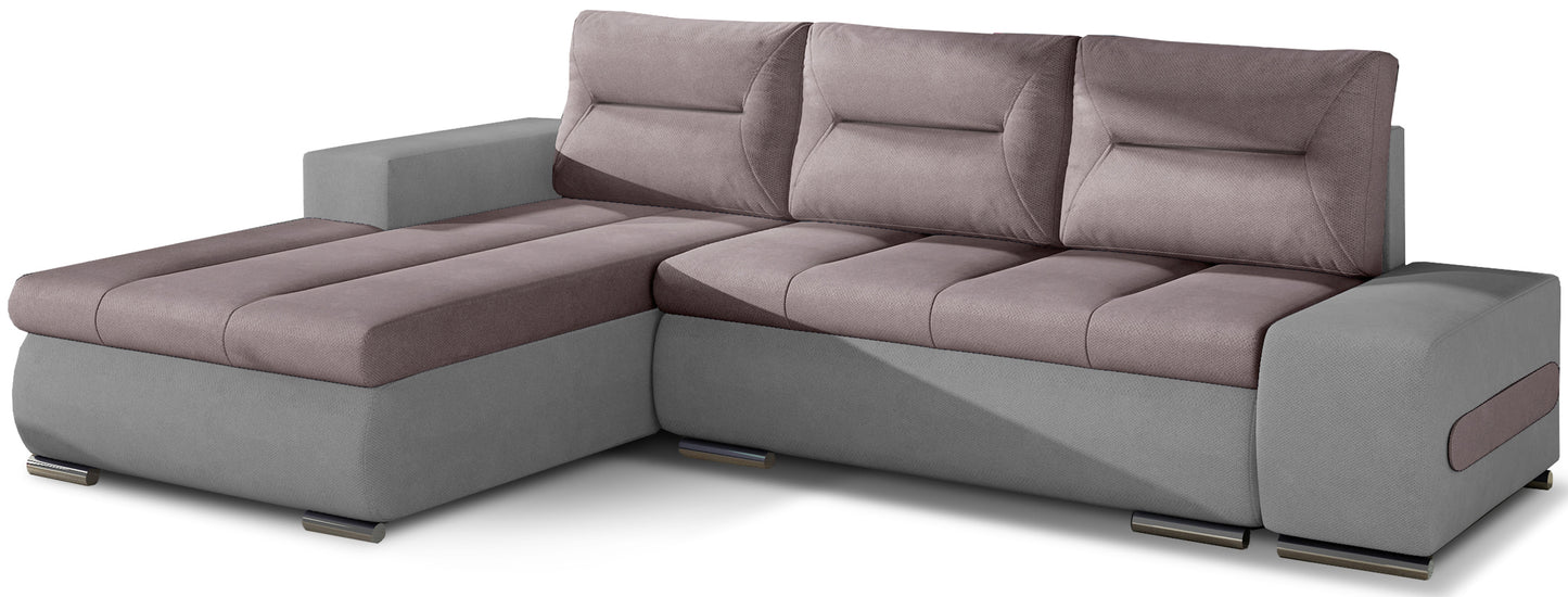 Narożnik Ottavio w układzie lewym, tapicerka Soro 61 jasnoróżowy i Soro 83, widok z przodu.