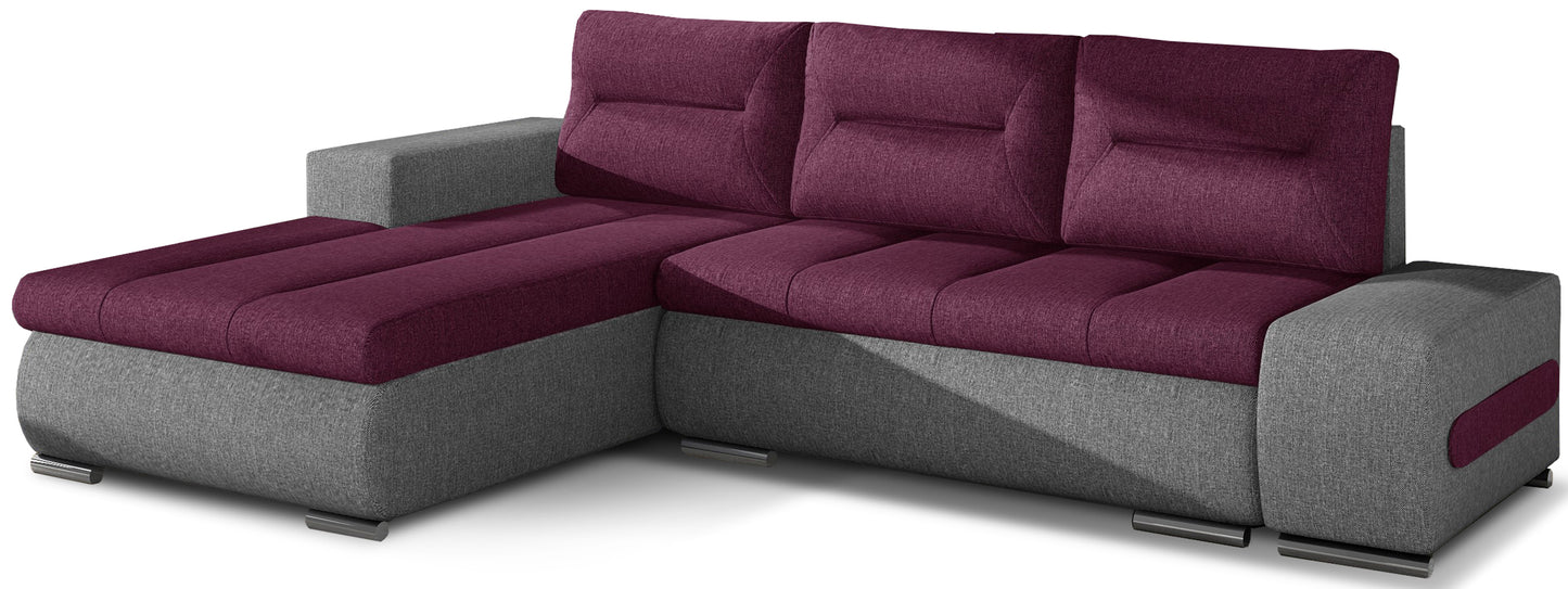 Narożnik Ottavio w układzie lewym, tapicerka Lars 68 ciemnofioletowy i Lars 98, widok z przodu.
