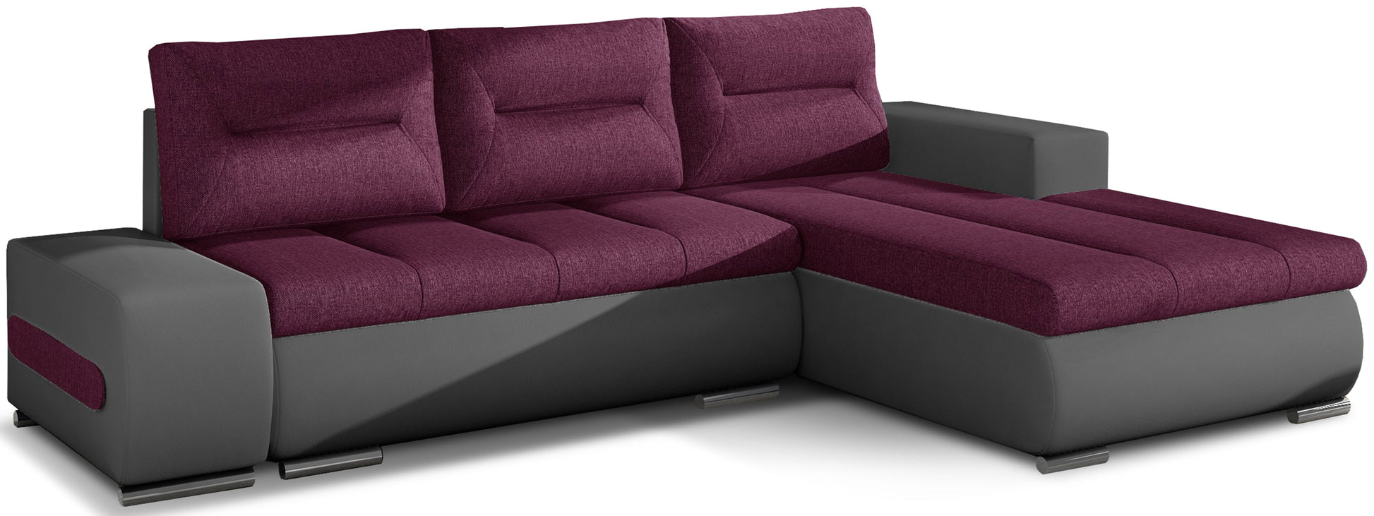 Narożnik Ottavio w układzie lewym, tapicerka Lars 68 ciemnofioletowy i Soft 29, widok z przodu.