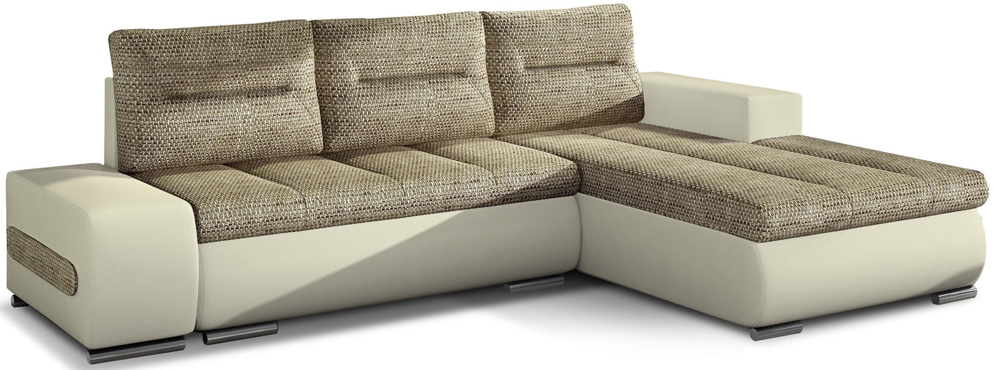 Narożnik Ottavio w układzie prawym, tapicerka Berlin 03 ciemnobeżowy i Soft 33, widok z przodu.