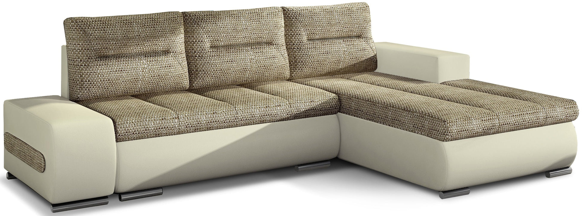 Narożnik Ottavio w układzie prawym, tapicerka Berlin 03 ciemnobeżowy i Soft 33, widok z przodu.