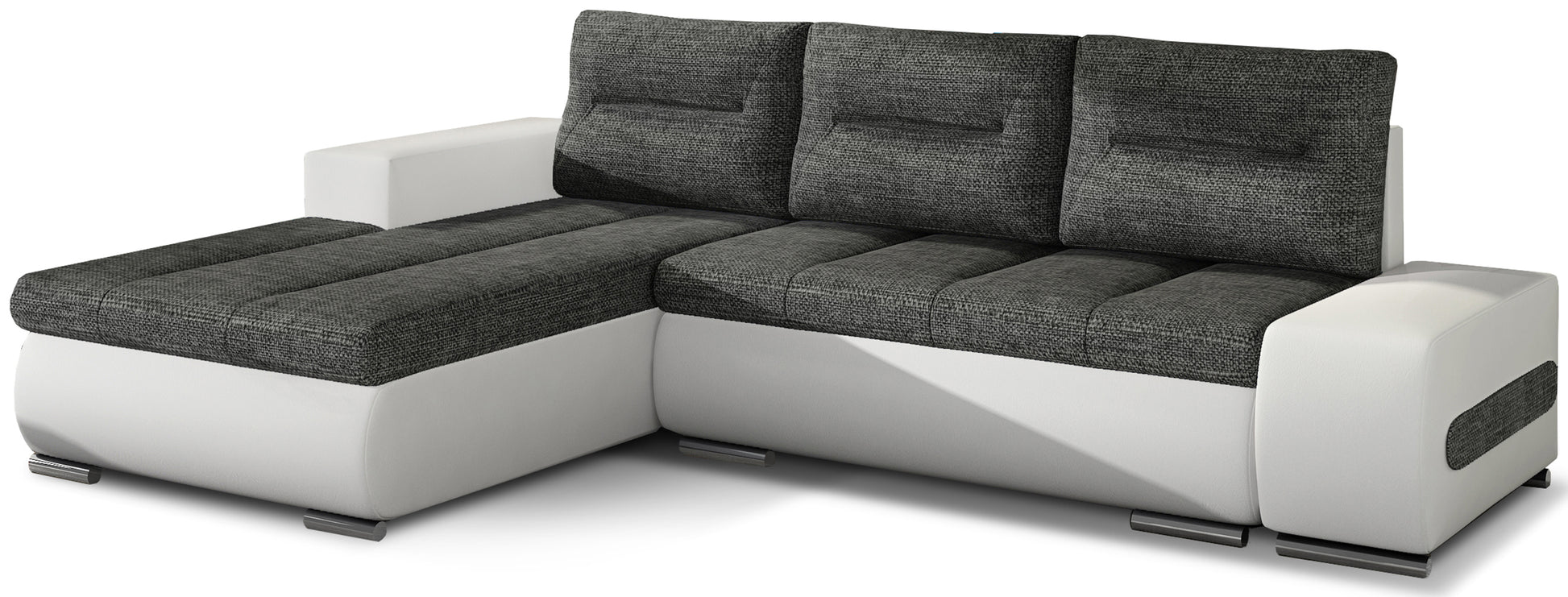 Narożnik Ottavio w układzie lewym, tapicerka Sawana 05 ciemnoszary i Soft 17, widok z przodu.