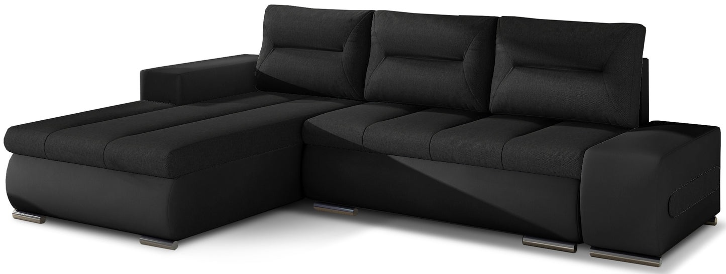 Narożnik Ottavio w układzie lewym, tapicerka Sawana 14 czarny i Soft 11, widok z przodu.