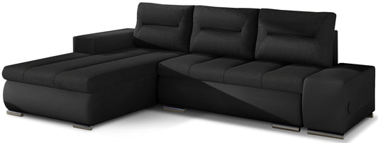 Narożnik Ottavio w układzie lewym, tapicerka Sawana 14 czarny i Soft 11, widok z przodu.