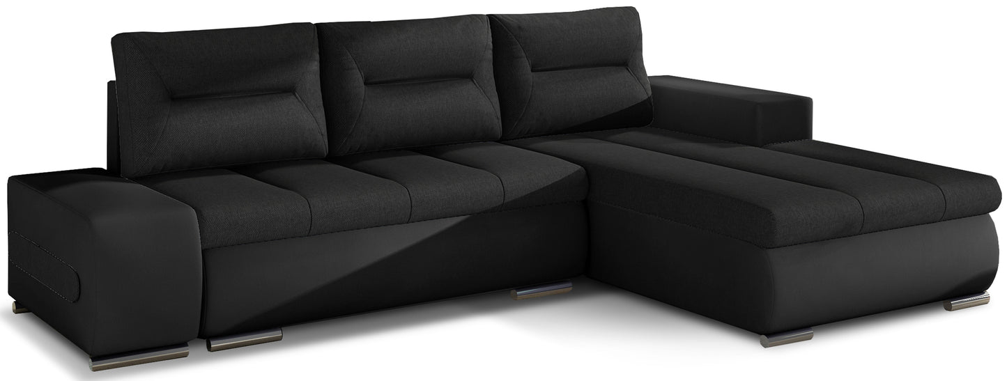 Narożnik Ottavio w układzie prawym, tapicerka Sawana 14 czarny i Soft 11, widok z przodu.