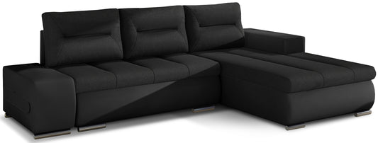 Narożnik Ottavio w układzie prawym, tapicerka Sawana 14 czarny i Soft 11, widok z przodu.