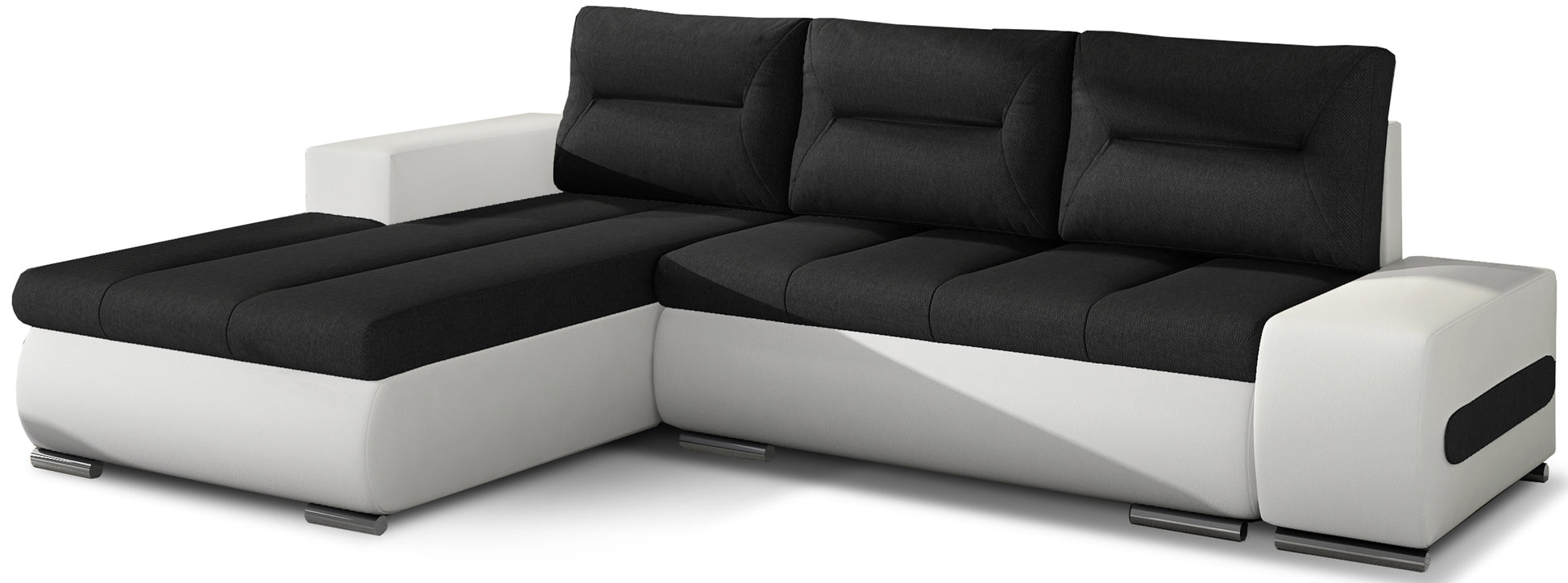 Narożnik Ottavio w układzie lewym, tapicerka Sawana 14 czarny i Soft 17, widok z przodu.