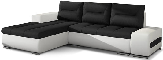 Narożnik Ottavio w układzie lewym, tapicerka Sawana 14 czarny i Soft 17, widok z przodu.