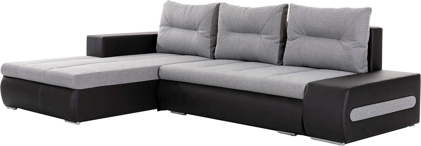 Narożnik Ottavio w układzie lewym, tapicerka Sawana 21 szary i Soft 11, widok z przodu.