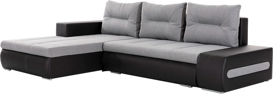 Narożnik Ottavio w układzie lewym, tapicerka Sawana 21 szary i Soft 11, widok z przodu.