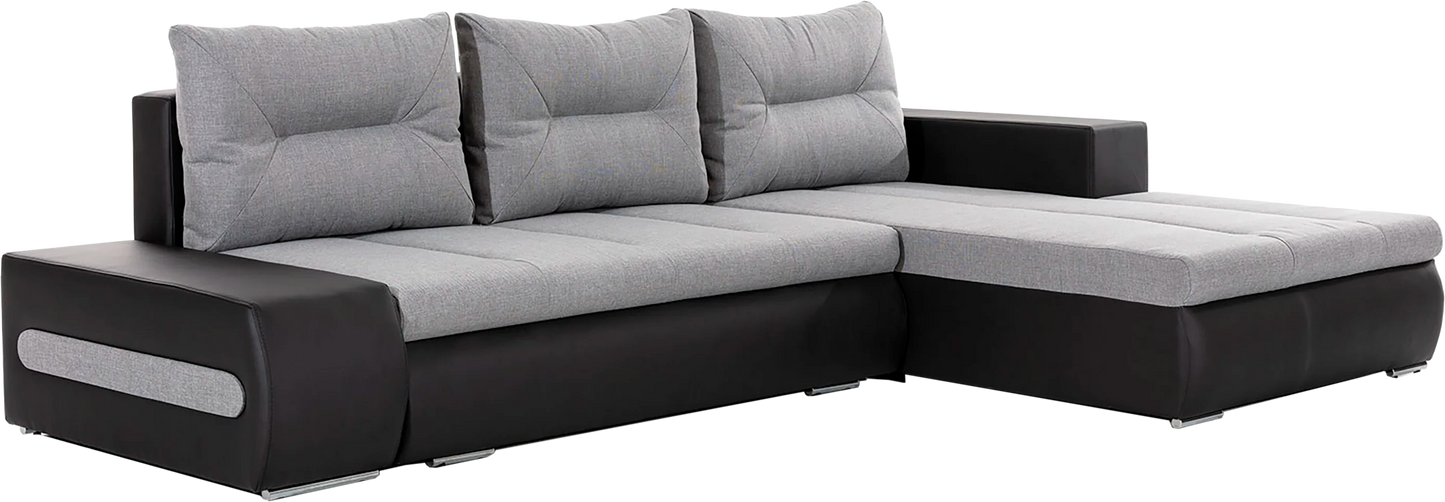 Narożnik Ottavio w układzie prawym, tapicerka Sawana 21 szary i Soft 11, widok z przodu.