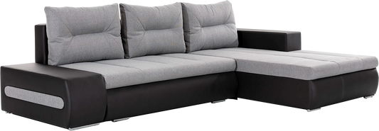 Narożnik Ottavio w układzie prawym, tapicerka Sawana 21 szary i Soft 11, widok z przodu.