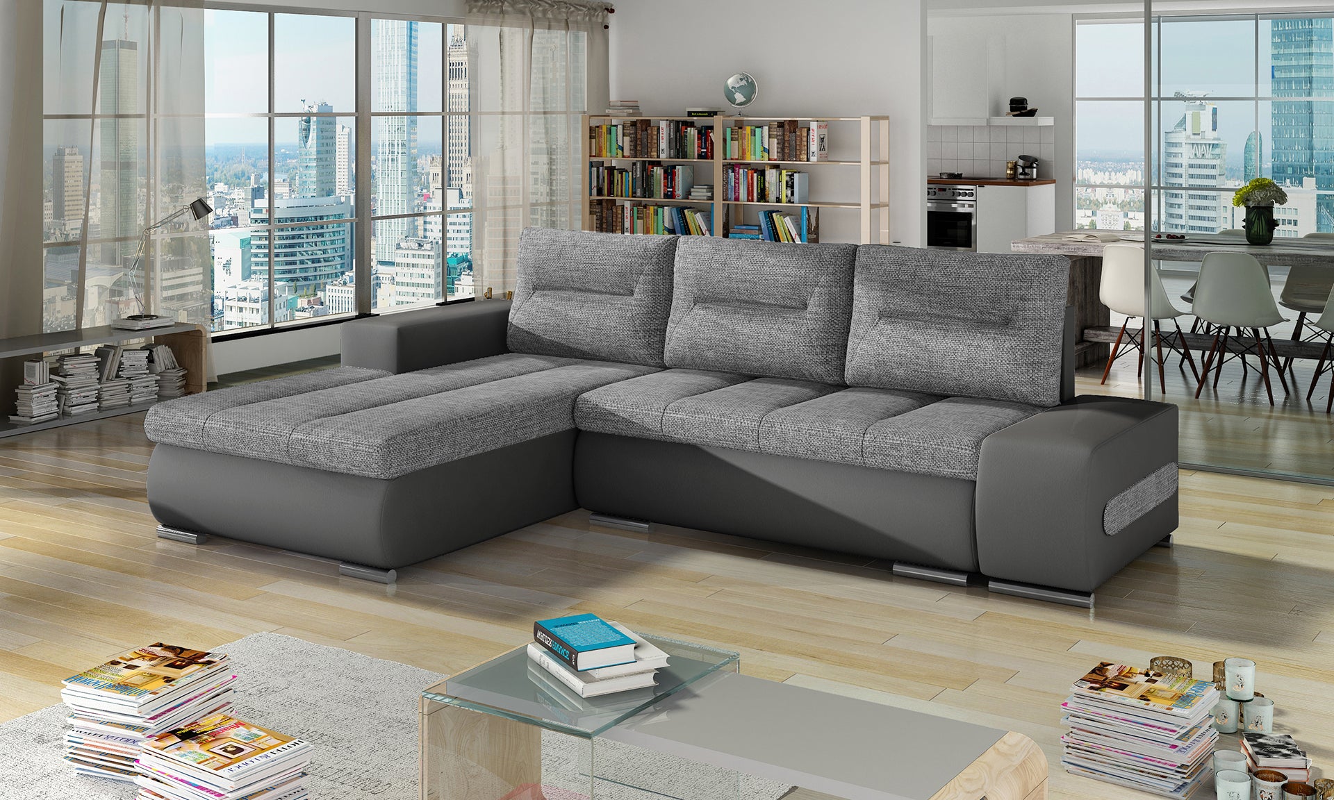 Narożnik Ottavio w układzie lewym, tkanina Sawana 21 szary i Soft 29, w nowoczesnym salonie z dużymi oknami.