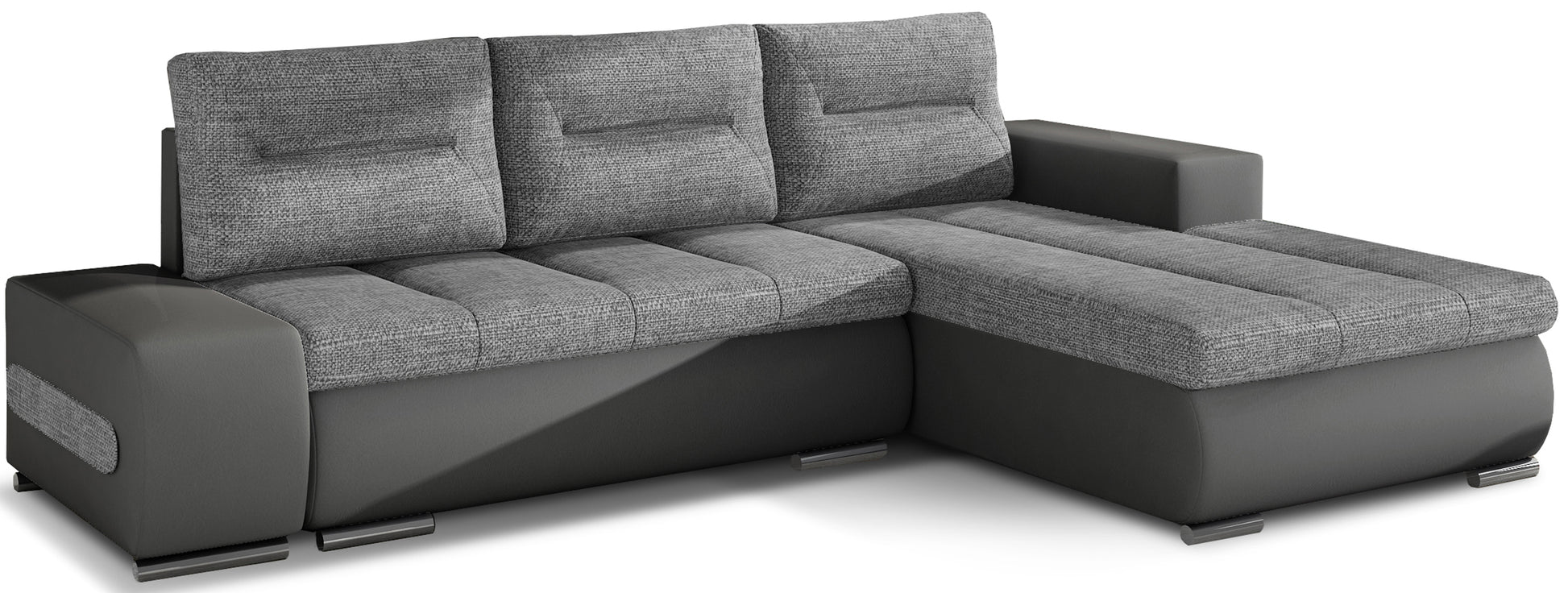 Narożnik Ottavio w układzie prawym, tapicerka Sawana 21 szary i Soft 29, widok z przodu.