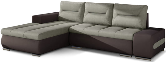 Narożnik Ottavio w układzie lewym, tapicerka Soro 13 beżowy i Soft 66, widok z przodu.