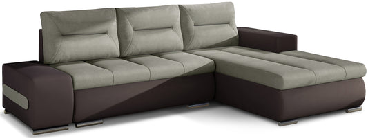 Narożnik Ottavio w układzie prawym, tapicerka Soro 13 beżowy i Soft 66, widok z przodu.