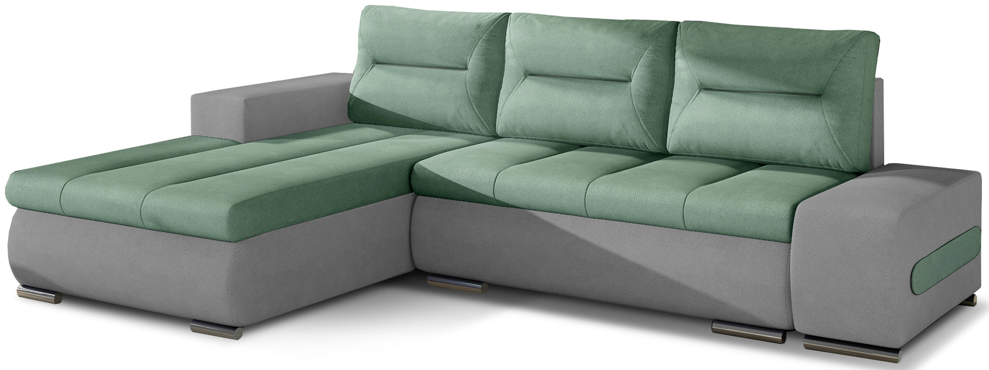 Narożnik Ottavio w układzie lewym, tapicerka Soro 34 jasnozielony i Soro 83, widok z przodu.