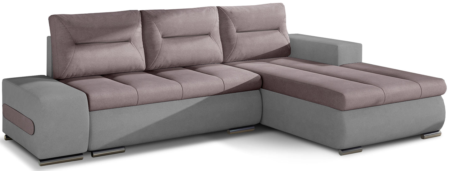 Narożnik Ottavio w układzie prawym, tapicerka Soro 61 jasnoróżowy i Soro 83, widok z przodu.