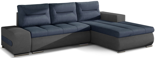 Narożnik Ottavio w układzie prawym, tapicerka Soro 76 granatowy i Soro 93, widok z przodu.