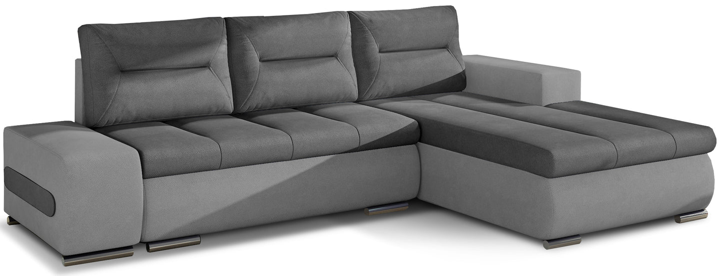 Narożnik Ottavio w układzie prawym, tapicerka Soro 93 szary i Soro 83, widok z przodu.