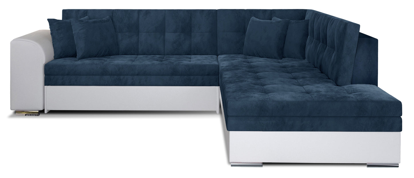 Granatowy narożnik Pieretta w tkaninie Kronos 09 z dodatkiem Soft 17 to wygodny mebel do salonu, który łączy nowoczesny design z praktycznością i tworzy idealne miejsce do relaksu dla domowników.