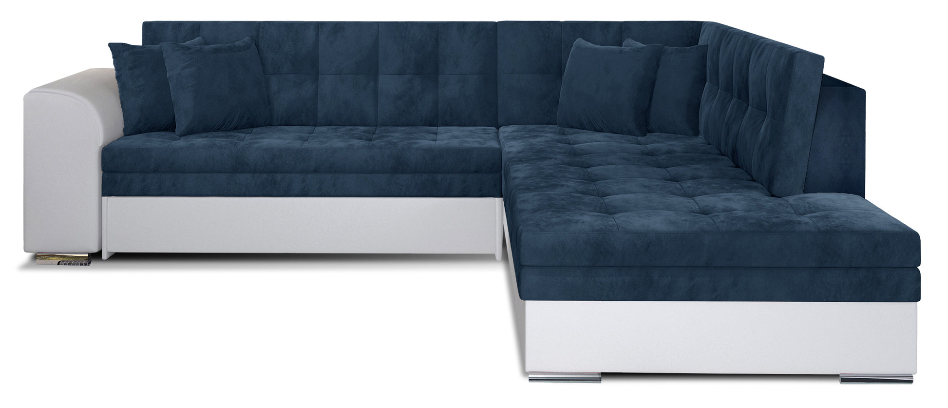 Granatowy narożnik Pieretta w tkaninie Kronos 09 z dodatkiem Soft 17 to wygodny mebel do salonu, który łączy nowoczesny design z praktycznością i tworzy idealne miejsce do relaksu dla domowników.