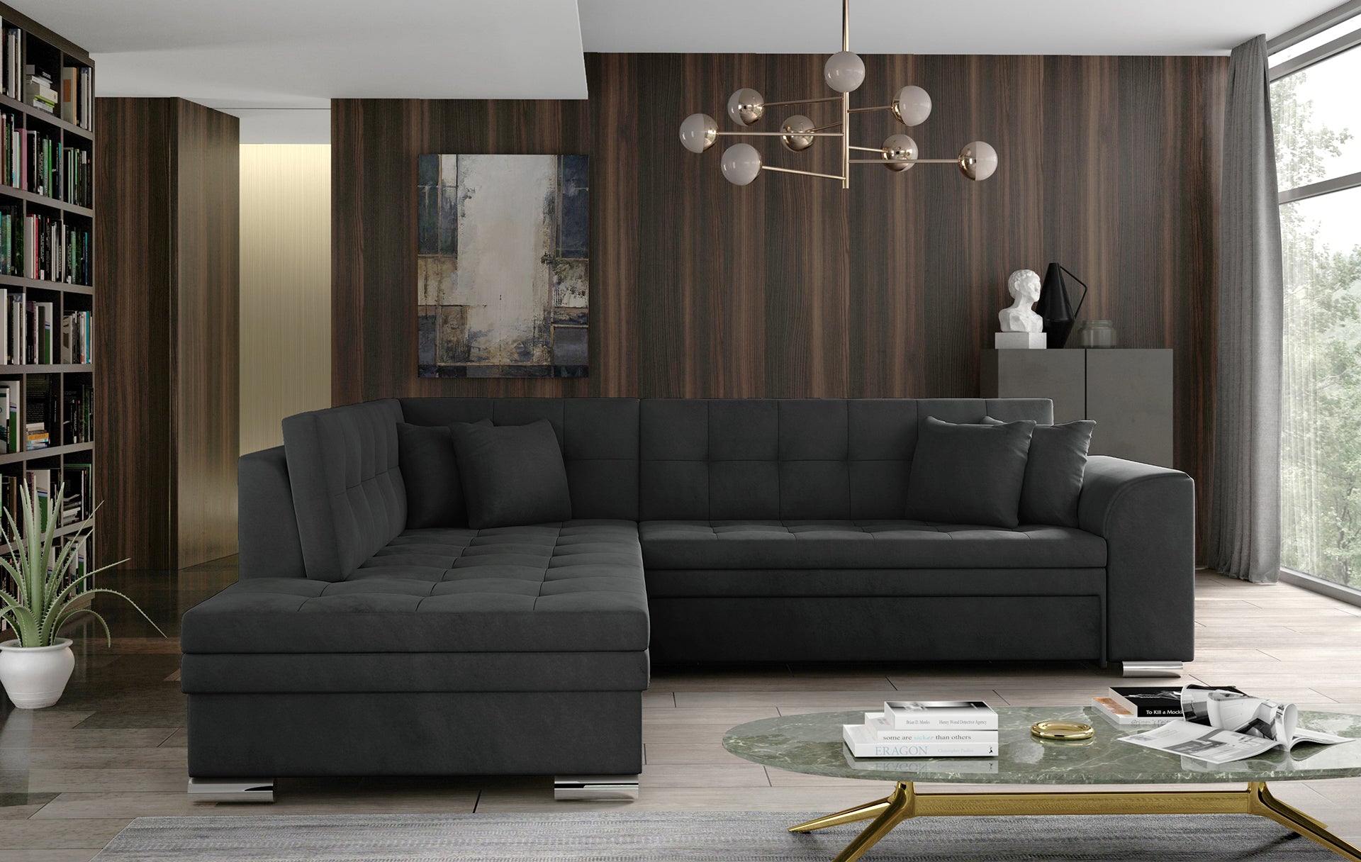 Ciemnoszary narożnik Pieretta lewy w tkaninie Paros 06 to komfortowy mebel do salonu, który łączy nowoczesny design z funkcjonalnością i stanowi idealne miejsce do codziennego wypoczynku.