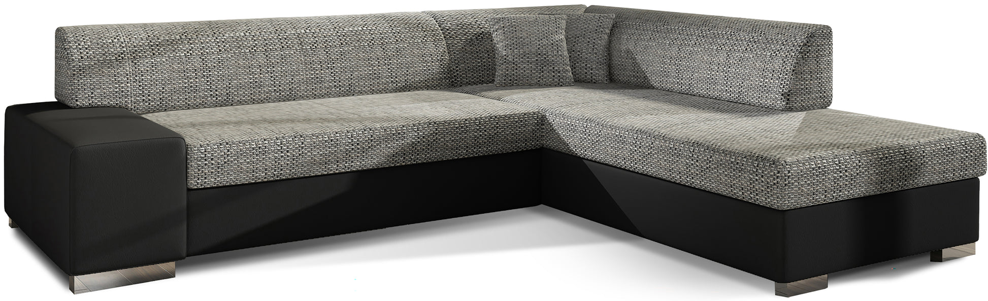 Nowoczesny narożnik Porto w połączeniu szarej tkaniny Berlin 01 i czarnej Soft 11 to stylowa sofa narożna do salonu, która wyróżnia się kontrastowym wyglądem i zapewnia wygodne miejsce do codziennego wypoczynku