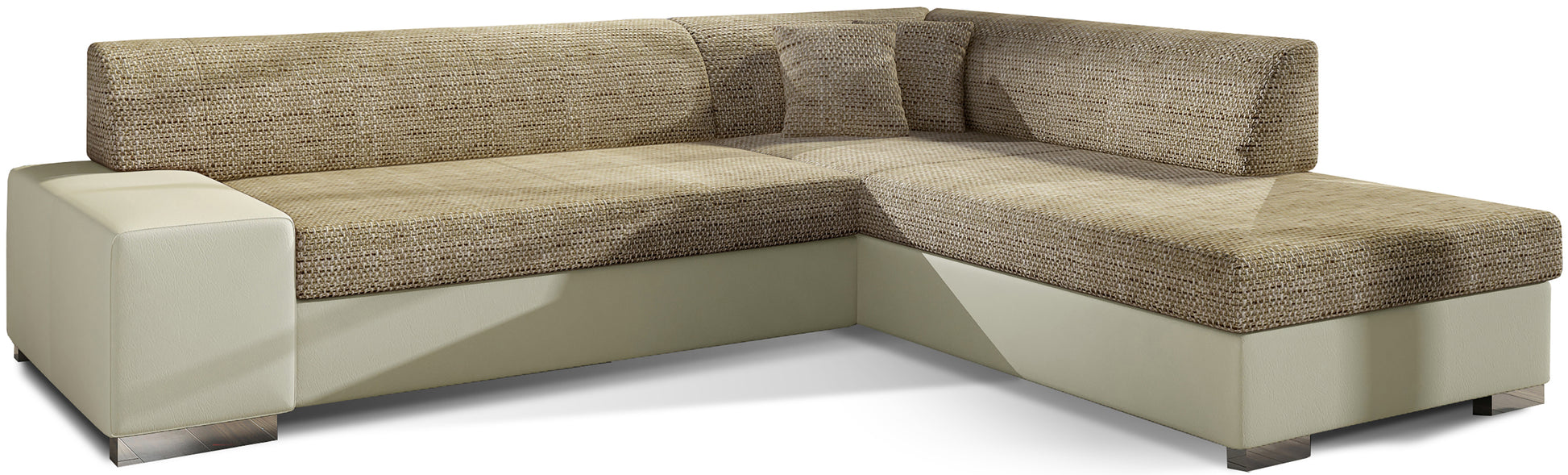 Dwutonowy narożnik Porto w połączeniu ciemnobeżowej tkaniny Berlin 03 oraz jasnobeżowej Soft 33 tworzy spójną, elegancką kompozycję, oferując wygodne siedziska i przytulną przestrzeń do codziennego wypoczynku w salonie